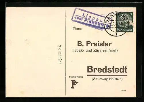 AK Bredstedt, Bestellkarte B. Preisler Tabak- und Zigarrenfabrik