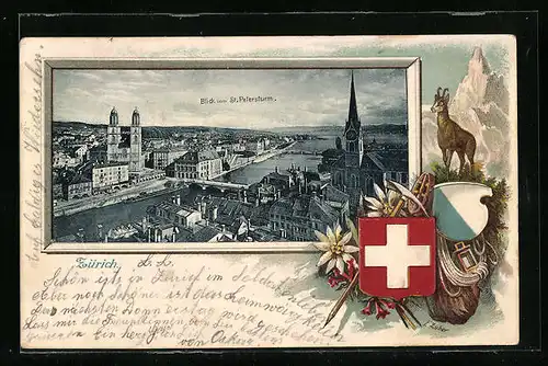 Präge-AK Zürich, Blick vom St. Petersturm mit Kirche, Wappen, Passepartout