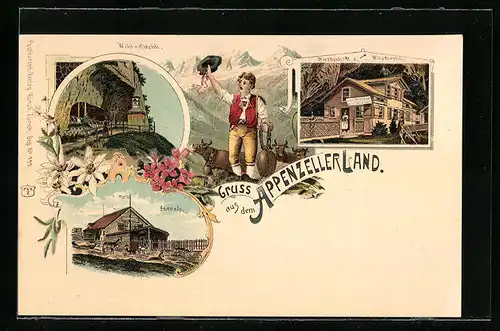 Lithographie Appenzell, Gasthaus zum Wildkirchi, Ebenalp, Mann mit Kuhglocke