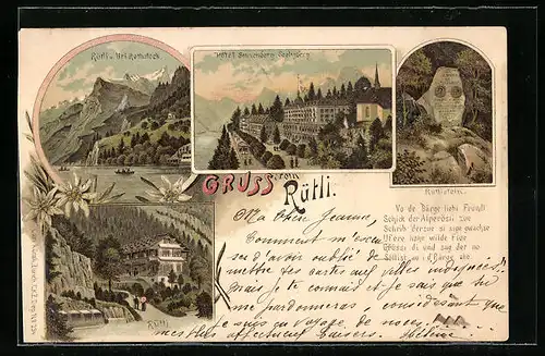 Lithographie Rütli, Hotel Sonnenberg Seeligsberg, Rütlistein, Rütti