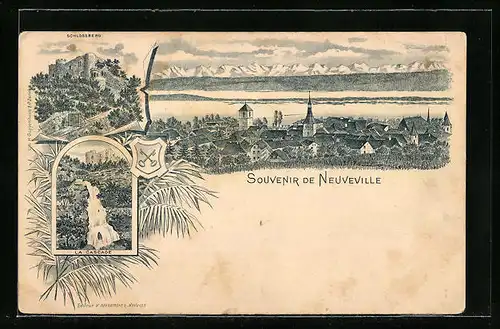 Lithographie Neuveville, Teilansicht, Schlossberg, La Cascade