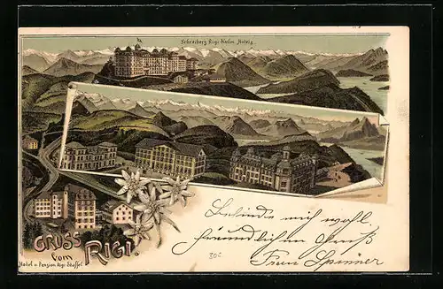 Lithographie Rigi, Schreiber`s Rigi-Kulm Hotels, Hotel und Pension Rigi-Staffel