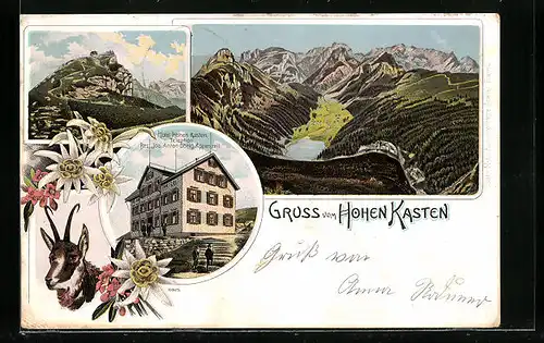 Lithographie Hoher Kasten, Hotel Hoher Kasten, Panorama, Gams mit Alpenblumen