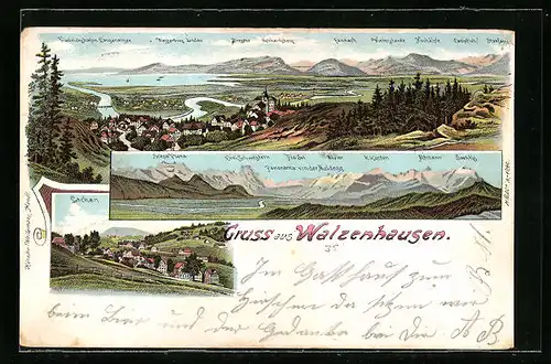 Lithographie Walzenhausen, Lachen, Panorama von der Meldegg mit Altmann, Alvier und Piz-Sol, Teilansicht mit Bregenz