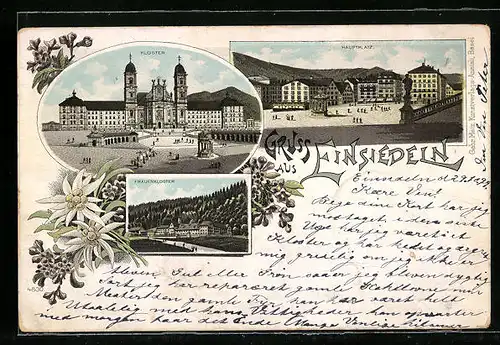 Lithographie Einsiedeln, Kloster, Frauenkloster, Hauptplatz