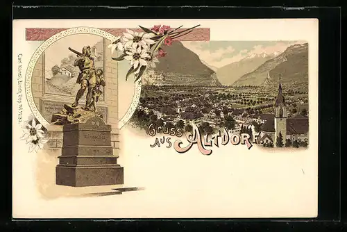 Lithographie Altdorf, Teilansicht mit Kirche, Wilhelm-Tell-Denkmal