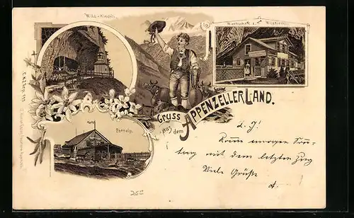Lithographie Appenzell, Gasthaus zum Wildkirchli, Ebenalp, Mann mit Kuhglocke