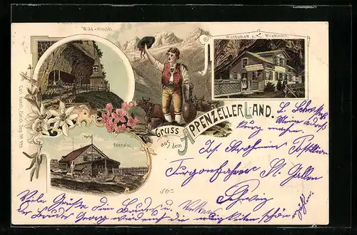 Lithographie Appenzell, Gasthaus zum Wildkirchli, Ebenalp, Mann mit Kuhglocke