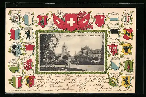 Präge-AK Zürich, Schweizer Landesmuseum, Wappen von Uri, Bern und Thurgau, Passepartout