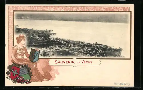 Präge-AK Vevey, Teilansicht, Frau mit Wappen