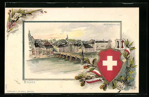 Passepartout-Lithographie Basel, Rheinbrücke, Schweizer Wappen