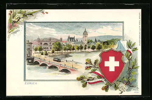 Passepartout-Lithographie Zürich, Bahnhof mit Brücke, Schweizer Wappen