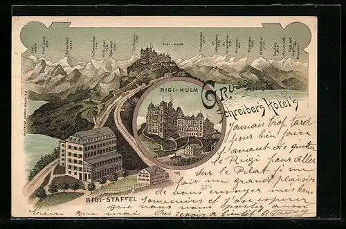 Lithographie Rigi-Kulm, Schreiber`s Hotel`s Rigi Kulm und Rigi-Staffel mit Mittelhorn, Wetterhorn und Tödi