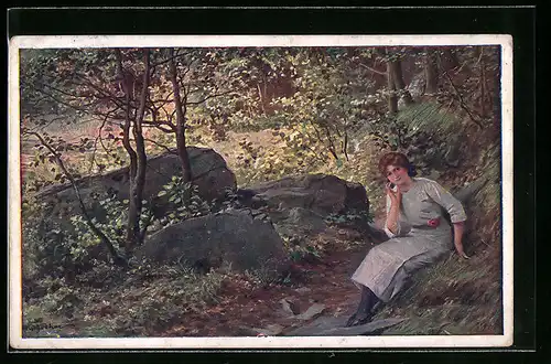 Künstler-AK Adolf Liebscher: Das erste Stelldichein, Frau im Wald