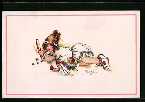 Künstler-AK Erna Maison-Kurt: Mädchen mit Handspiegel und Puppe