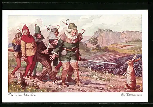 Künstler-AK Georg Mühlberg: Plötzlich stunden alle sieben Schwaben still..., Märchen