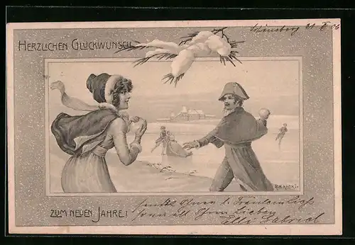 Künstler-AK R. Kratky: Paar bei einer Schneeballschlacht, Neujahrsgruss