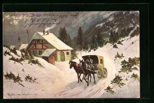 Künstler-AK M. Müller jun.: Postkutsche in winterlicher Landschaft