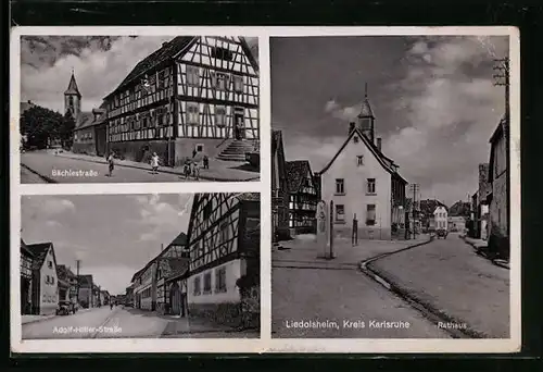 AK Liedolsheim, Partien in der Bächlestrasse und Strasse, Rathaus