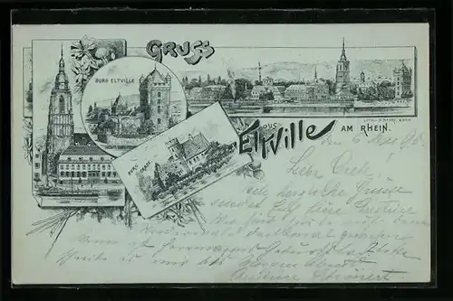Vorläufer-Lithographie Eltville a. Rh., 1895, Burg Crass, Burg Eltville, Ortsansicht
