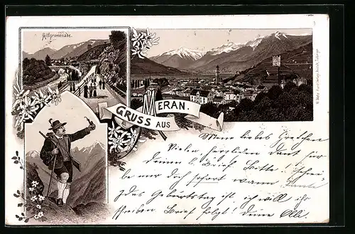 Lithographie Meran, Panorama, Gilfpromenade, Jäger auf einem Berg