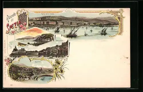 Lithographie La Spezia, Panorama, Portovenere, Marolla