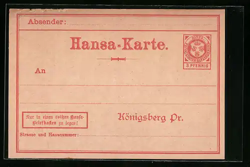 AK Königsberg, Private Stadtpost Hansa-Karte