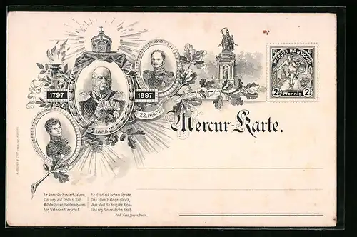 Lithographie Hannover, Private Stadtpost Mercur-Karte, Portrait Kaiser Wilhelm I.