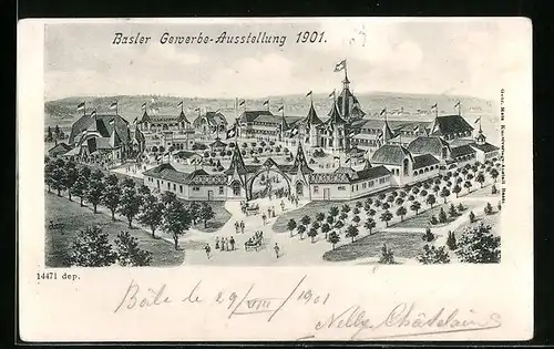 Künstler-AK Basel, Gewerbe-Ausstellung 1901, Gelände aus der Vogelschau