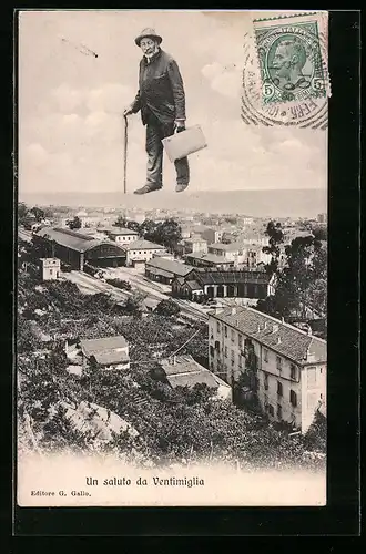 AK Ventimiglia, Teilansicht, Mann mit Koffer und Gehstock, Fliegende Menschen