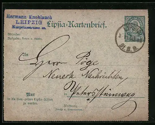 AK Leipzig, Lipsia-Kartenbrief, Stempel Private Stadtpost