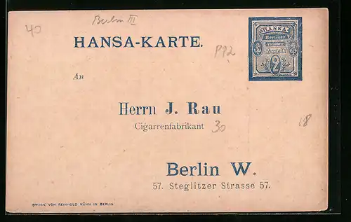 AK Berlin, Private Stadtpost Hansa Berliner Verkehrs Anstalt, Herr J. Rau Cigarrenfabr., Steglitzer Strasse 57