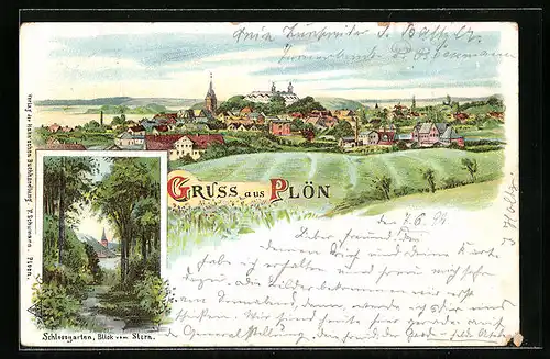 Lithographie Plön, Schlossgarten, Blick vom Stern, Panorama
