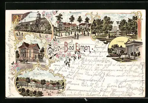 Lithographie Bad Elmen, Voigt`s Hotel, Schwanenteich, Erlenbad, Lindenbad, Villa Ida