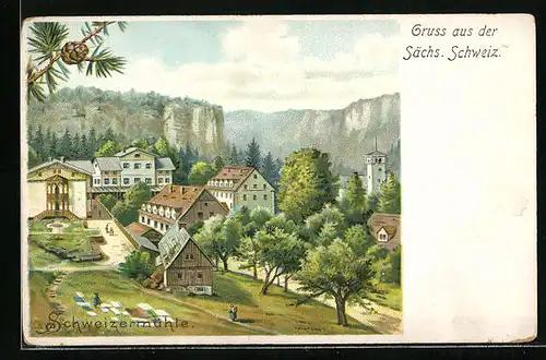 Lithographie Schweizermühle, Picknick auf der Wiese
