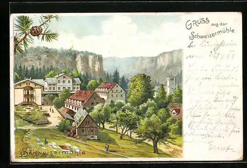 Lithographie Schweizermühle, Gesamtansicht des Ortes