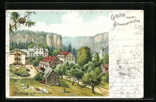 Lithographie Schweizermühle, Gesamtansicht des Ortes