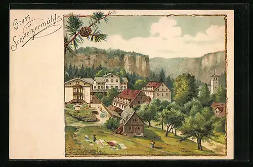 Lithographie Schweizermühle, Teilansicht des Gemeinde
