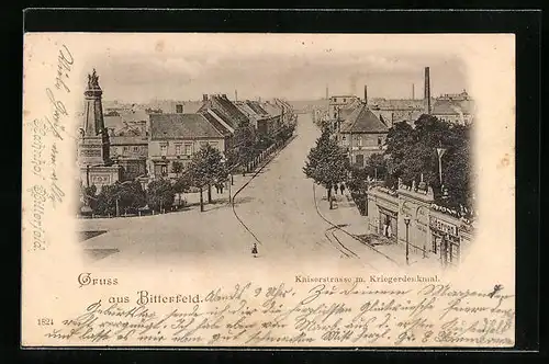 AK Bitterfeld, Kaiserstrasse mit Zigarrengeschäft und Kriegerdenkmal