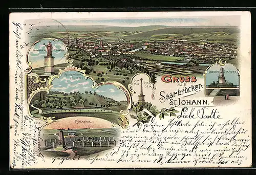 Lithographie Saarbrücken-St. Johann, Spichernberg Ostseite, Germania im Ehrenthal, Denkmal der 40er