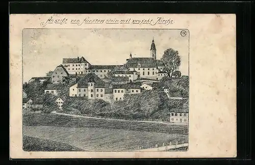 Künstler-AK Fürstenstein, Ortspartie mit projekt. Kirche