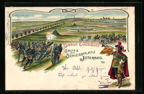 Lithographie Jüterbog, Schiessplatz und Soldaten mit Kanonen, Im Hintergrund altes und neues Barackenlager mit Zieldorf