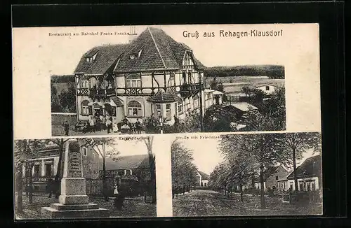 AK Rehagen-Klausdorf, Restaurant am Bahnhof Franz Franke, Kriegerdenkmal, Strasse mit Friedenseiche
