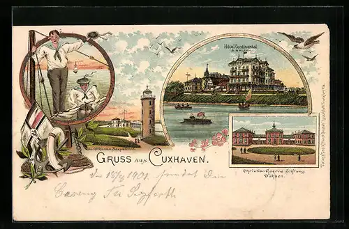 Lithographie Cuxhaven, Hotel Continental, Christian Goerne Stiftung Duhnen, Leuchtturm und Seepavillon