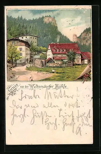 Lithographie Hohnstein, Gasthaus Waltersdorfer Mühle