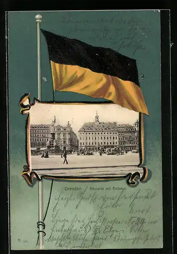 AK Dresden, Altmarkt mit Rathaus, Fahne