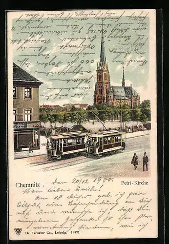 Lithographie Chemnitz, Petri-Kirche, Strassenbahn