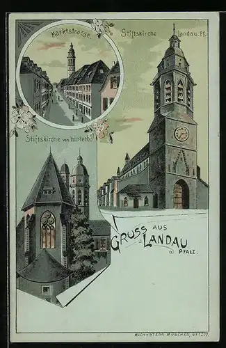 Lithographie Landau /Pfalz, Stiftskirche und Marktstrasse