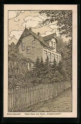 Künstler-AK Heikendorf-Kiel, Gästehaus des Hotel Friedrichshöh, Monat September