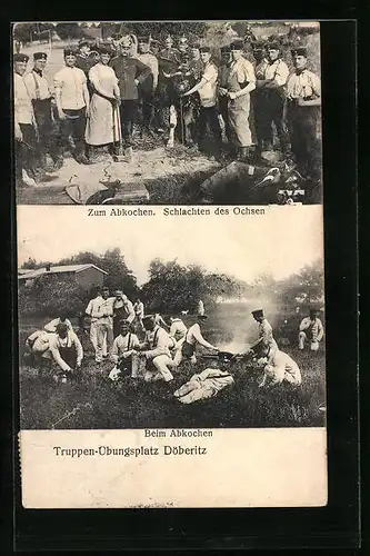 AK Döberitz /Truppenübungsplatz, Beim Abkochen, Schlachten des Ochsen